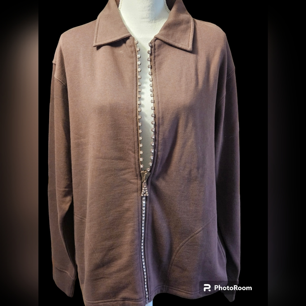 Isaac's design acrylic crystal zip-up cardigan with collar. Womens L